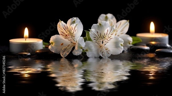Fototapeta Create a Zen Oasis with White Flowers, Candles, and Smooth Stones Reflected in Water for a Calming Spa Experience at Home or in a Professional Setting