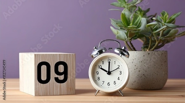 Fototapeta Start your day right with this stylish clock and plant, great for morning routines, time management, and fresh starts in a serene setting