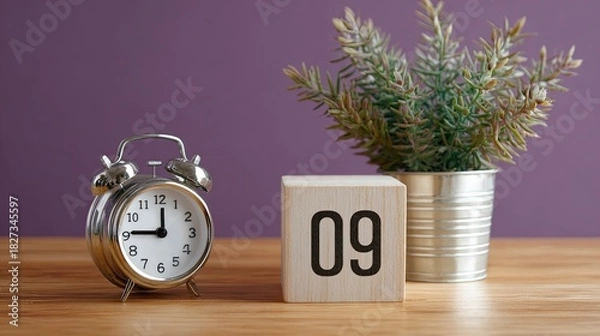 Fototapeta Wake up to fresh starts every morning at 9 AM with this charming alarm clock scene featuring a potted plant, perfect for wellness and time management themes