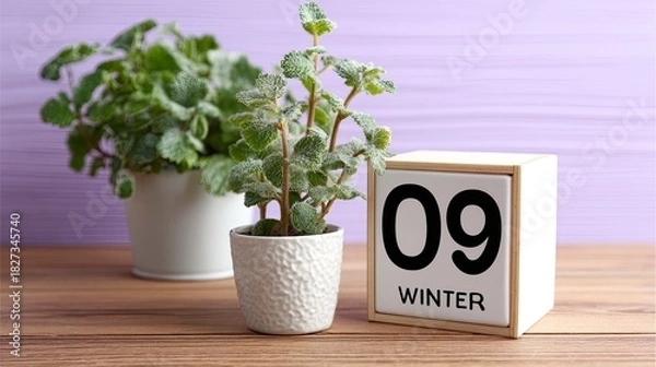 Fototapeta Winter's serene beauty unfolds on the ninth day, as delicate plants flourish, creating a peaceful and inviting atmosphere indoors for your space