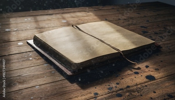 Obraz Old Open Notebook with Brown Leather Cover on Wooden Table in Dim Light