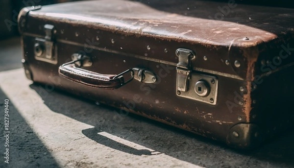 Obraz Old Vintage Leather Suitcase with Metal Lock and Handle on Concrete Surface