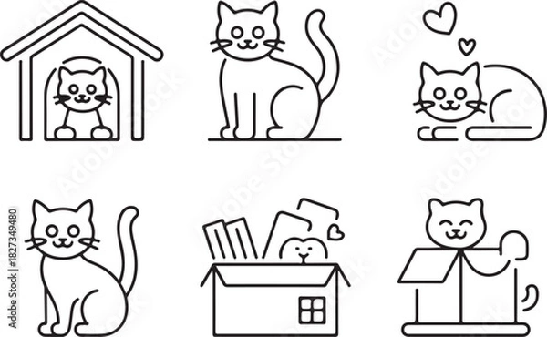 Obraz Cute Cat Line Art Icons Set, Playful Kitty Illustrations, Pet Box & House Outline Graphics
