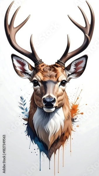 Fototapeta Deer portrait with watercolor effect, antlers reach towards the sky