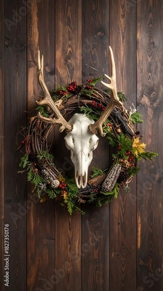 Fototapeta Deer skull adorns a wreath of greenery, berries, and corn on a dark wood door