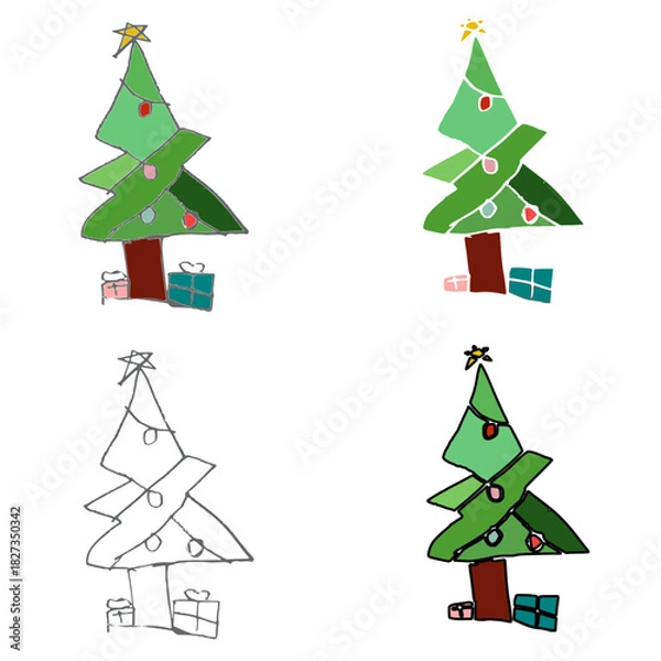 Fototapeta 4 style of hand drawn Christmas tree cartoon seamless,  tree, star on top, merry Christmas