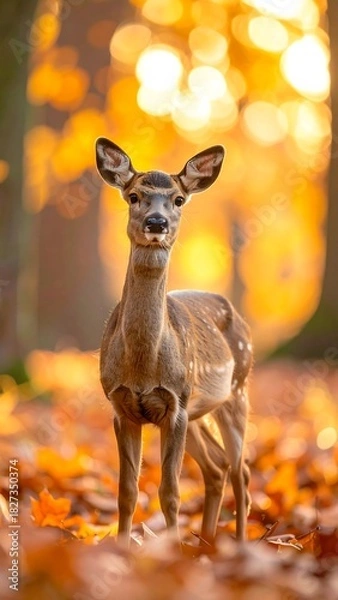 Fototapeta Deer stands amongst fallen autumn leaves with a bokeh background of warm sunlight