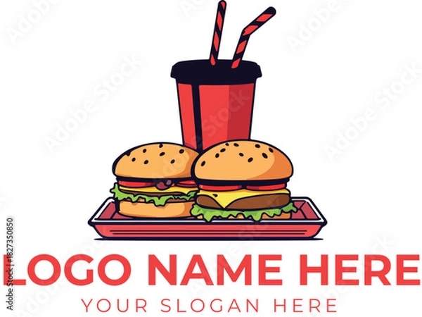 Obraz Fast food logo vector with two burgers on tray and drink cup with straws for restaurant or delivery branding