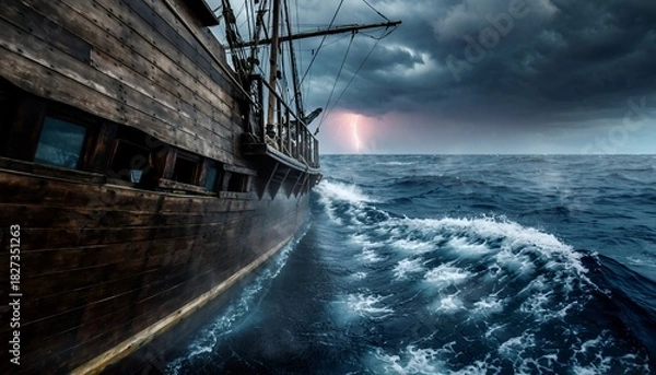 Obraz Sailing Ship in Rough Ocean Storm with Lightning and Dark Sky