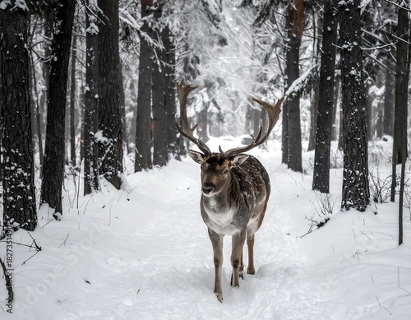 Fototapeta Deer walks snowy path in forest framed by tall trees, some snow-covered branches