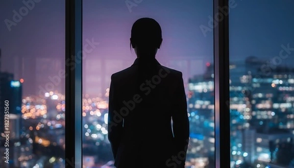Fototapeta Silhouette of Businesswoman Standing in Front of Large Window Overlooking Cityscape at Night