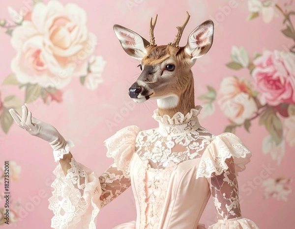 Fototapeta Deer-headed figure in lace gown stands before floral pink background, elegant and whimsical