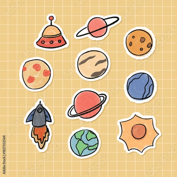 Obraz Cute Space Stickers Set – Planets, Rocket, UFO