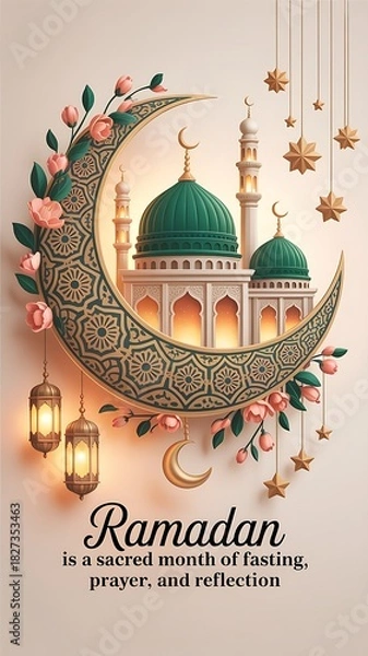Obraz Beautiful Ramadan design with crescent moon mosque lanterns and stars , ramadan, mosque, crescent moon, moon, stars,