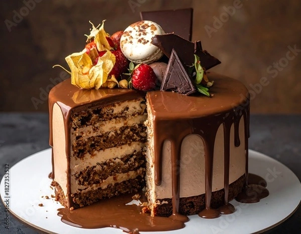 Fototapeta Delectable layered cake, drizzled with chocolate ganache, topped with fruit and macarons