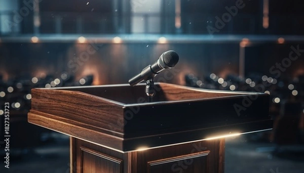 Obraz Empty Wooden Podium with Microphone in Modern Conference Room