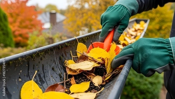 Fototapeta Man cleaning the gutter 