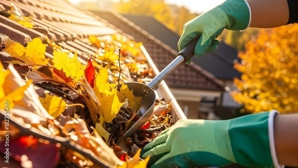 Fototapeta Man cleaning the gutter 