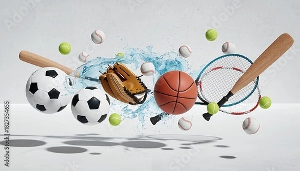 Obraz Variety of Sports Balls and Equipment in Motion with Splash Effect on Light Background