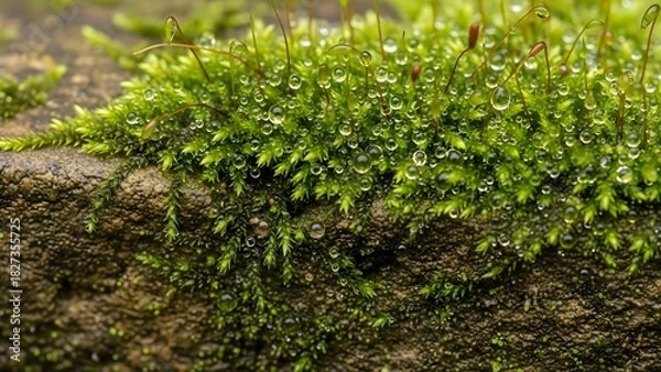 Fototapeta Extreme Macro Close-up of Green Moss Growing on a Rough Rock Surface, Covered with Tiny Water Droplets or Dew, Highlighting Nature, Freshness, and Ecology