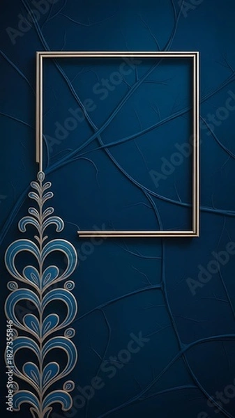 Fototapeta Elegant Blue Textured Background with Golden Frame and Floral Ornament