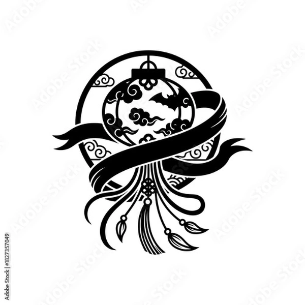 Fototapeta Lunar New Year Lantern Flowing ribbon with lantern silhouette design element