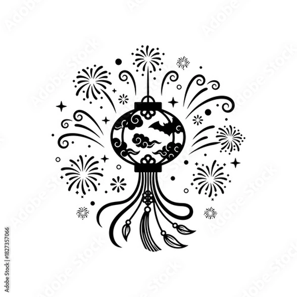 Fototapeta Lunar New Year Lantern Black lantern silhouette with floating light accents