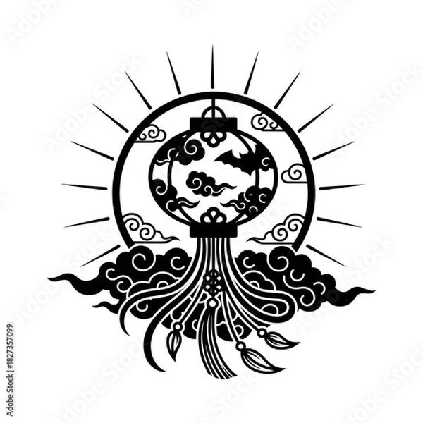 Fototapeta Lunar New Year Lantern Lantern silhouette floating above clouds at night