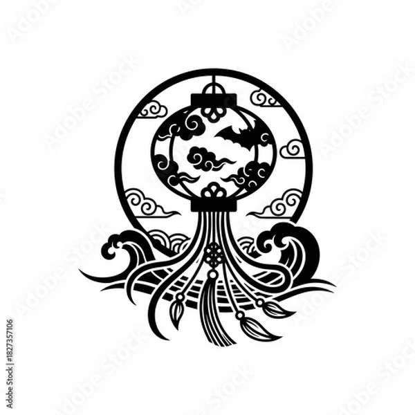 Fototapeta Lunar New Year Lantern Stylized lantern silhouette floating over water waves