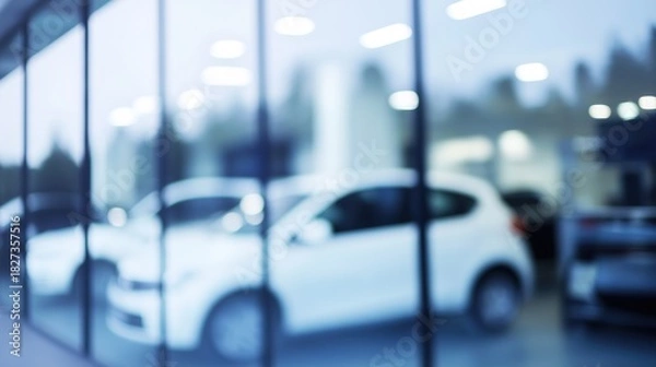 Obraz Blurred modern vehicle dealership exterior, defocused business background with automobile showroom architecture and commercial display, automotive retail visualization with copy space