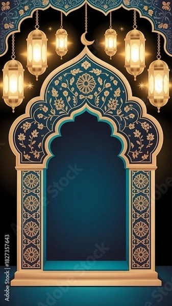 Fototapeta Elegant islamic style arched frame with hanging lanterns and floral details
