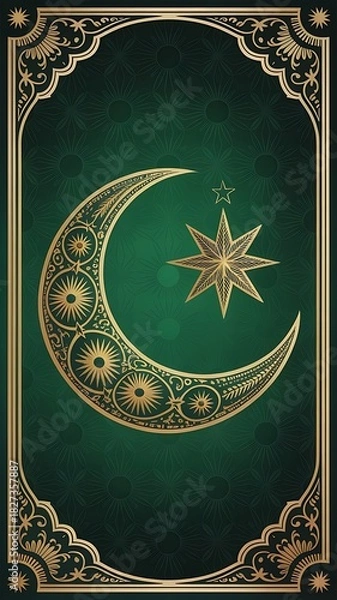 Fototapeta Golden crescent moon and star design on a dark green background