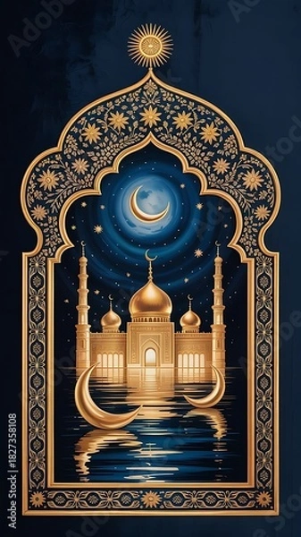 Obraz Golden Mosque and Crescent Moons with Floral Archway Illustration Art