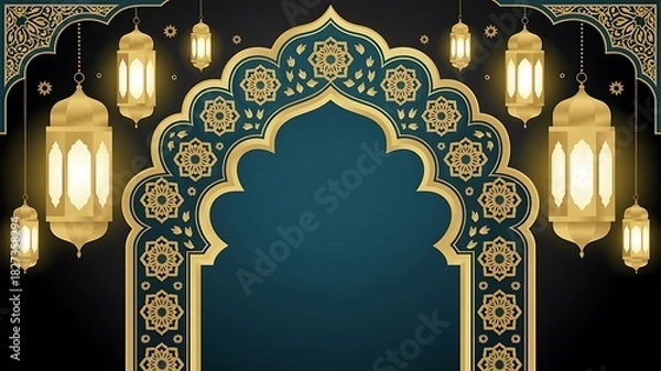 Fototapeta Islamic design with lanterns and intricate patterns for festive occasions , islamic, design, pattern, arch, lanterns, mosque, 