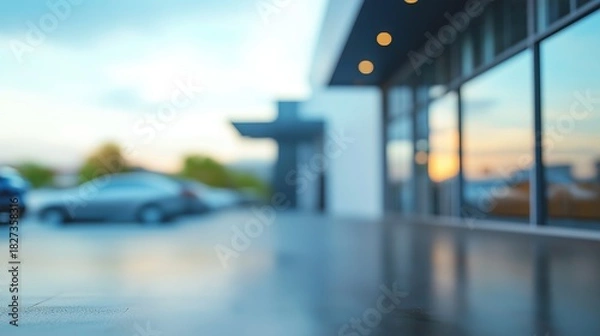 Obraz Blurred modern vehicle dealership exterior, defocused business background with automobile showroom architecture and commercial display, automotive retail visualization with copy space