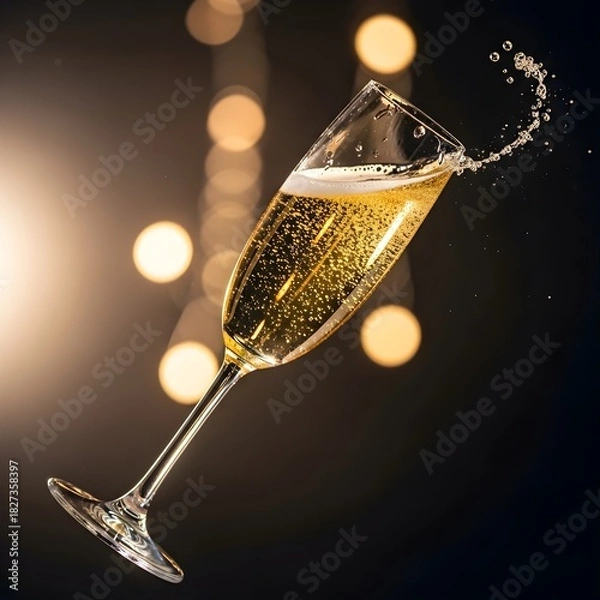 Fototapeta A tilted champagne flute splashes sparkling wine with a festive bokeh light background.