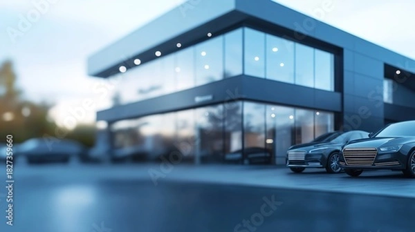 Obraz Blurred modern vehicle dealership exterior, defocused business background with automobile showroom architecture and commercial display, automotive retail visualization with copy space