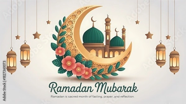 Obraz Ramadan Mubarak illustration with mosque crescent moon lanterns and flowers , ramadan, ramadan mubarak, mosque,
