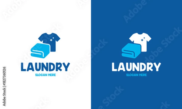 Obraz Modern laundry service logo design featuring a clean folded towel and sparkling t-shirt icon in blue color scheme. Perfect for washing, cleaning, and dry-clean businesses.