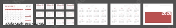 Obraz 2026 Calendar Planner Set of Template Monthly Page with Note, Cover with Place for Photo, Company Logo, Annual 2026-2027. Vector layout of wall or desk organizer for print. Week start Monday. Pages A4