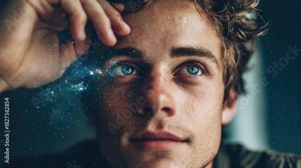 Fototapeta A young man with curly hair and striking blue eyes sits in a quiet room lost in thought about the universe and life possibilities under a starry backdrop.