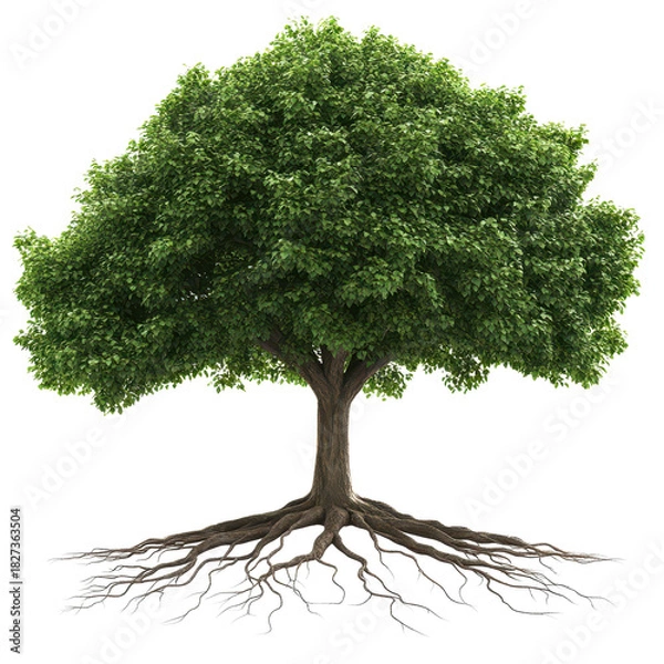 Fototapeta Radiant tree with green leaves and roots, PNG, Isolated on transparent background.