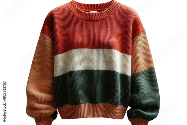 Obraz PNG, Wool sweater in green, red, and beige, isolated on transparent.