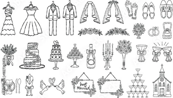 Fototapeta Whimsical wedding elements. Hand drawn line art vector illustrations of bride and groom's attire, accessories, and other decorative elements. 