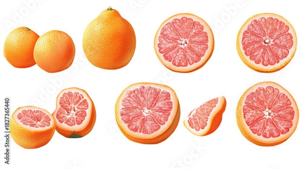 Fototapeta Grapefruit set with clipping path showcasing fresh slices PNG, isolated on transparent background.