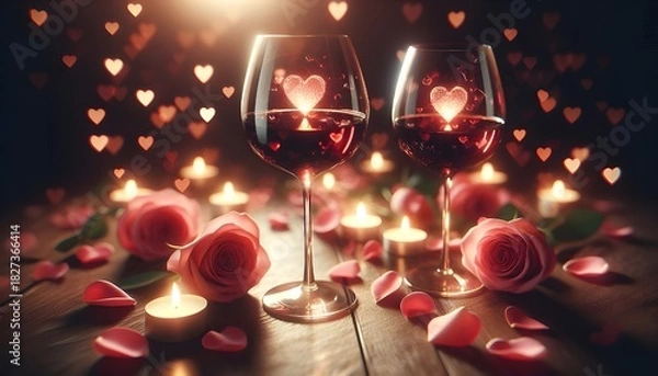 Fototapeta Romantic wine date with hearts: candles and rose petals. AI Generated, Generative AI