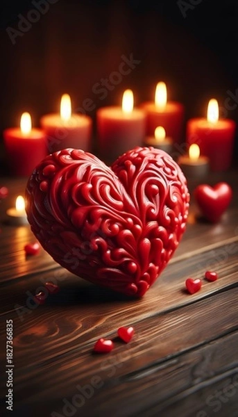 Fototapeta Romantic red heart decoration with candles on wood. AI Generated, Generative AI