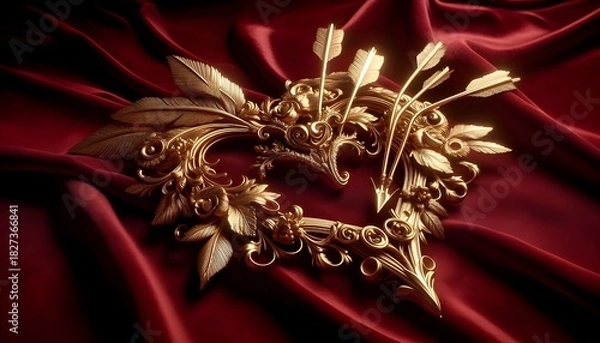 Obraz Luxury golden heart decoration with arrows on red silk. AI Generated, Generative AI