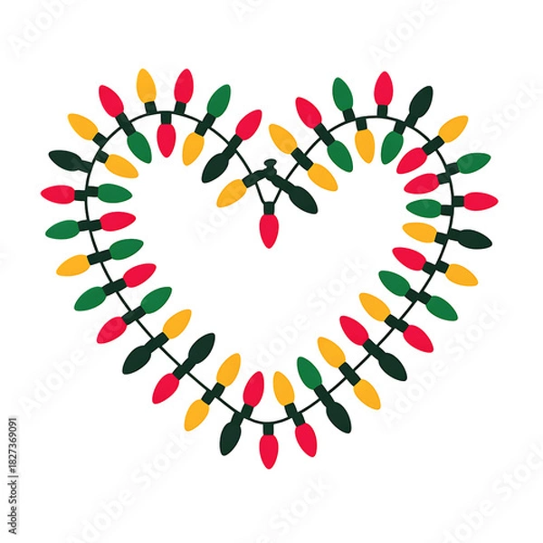 Obraz Heart shaped wreath made of colorful christmas lights and green leaves on a black background