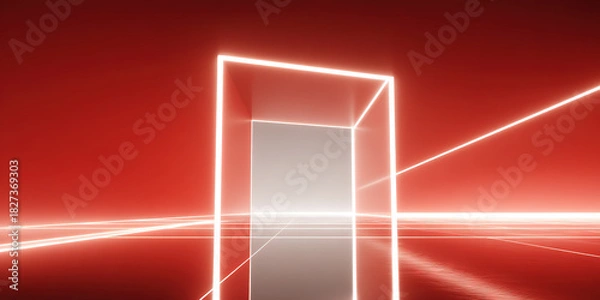 Fototapeta Abstract red illuminated gate frame and ground technology background